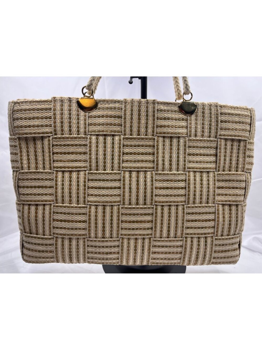 Made in Italy Woven Tote Bag Rope Handles Wood Accents Coastal Boho Beige